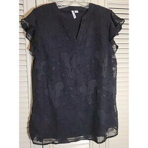 ELLE Black Sheer Over Black Shirt Blouse W/Floral Design Wm Sz Medium